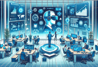 Illustration d’un laboratoire futuriste de santé connectée avec des professionnels utilisant l’intelligence artificielle, la réalité virtuelle et les données médicales pour innover.