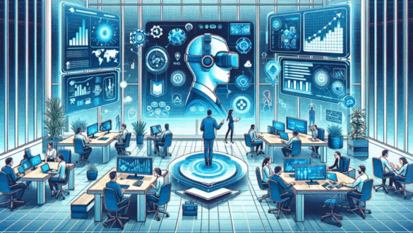 Illustration d’un laboratoire futuriste de santé connectée avec des professionnels utilisant l’intelligence artificielle, la réalité virtuelle et les données médicales pour innover.