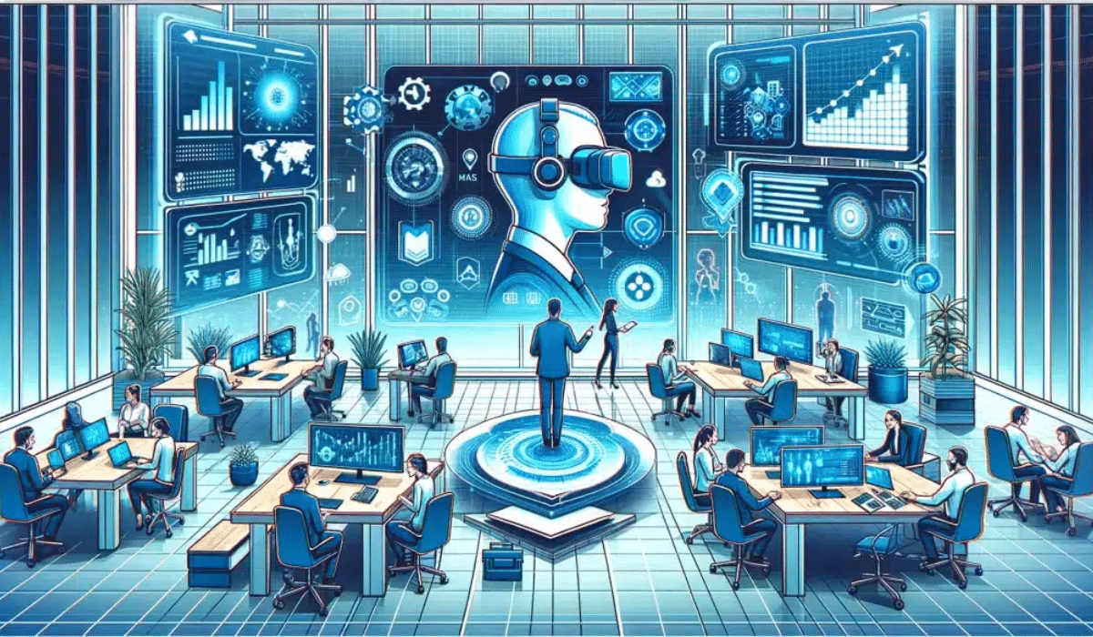 Illustration d’un laboratoire futuriste de santé connectée avec des professionnels utilisant l’intelligence artificielle, la réalité virtuelle et les données médicales pour innover.