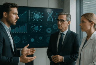 Trois professionnels de santé et de l’innovation discutent devant un écran affichant des données biomédicales et des graphiques, illustrant les tendances biotech et IA.