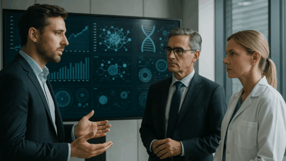 Trois professionnels de santé et de l’innovation discutent devant un écran affichant des données biomédicales et des graphiques, illustrant les tendances biotech et IA.