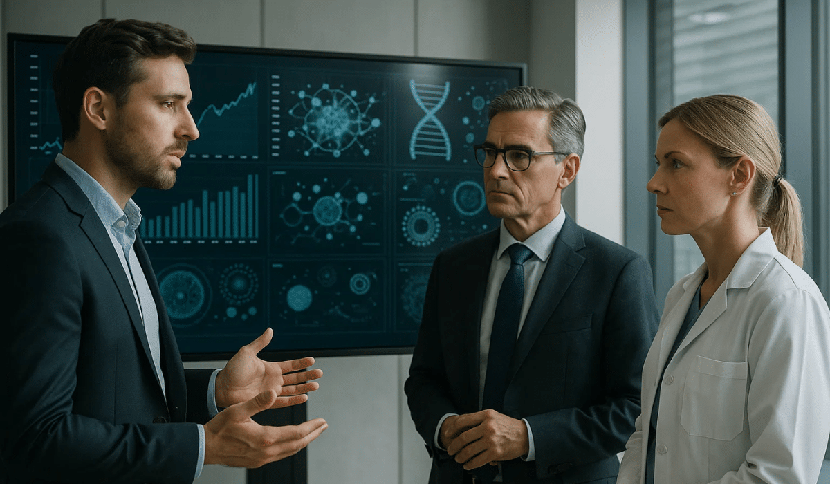 Trois professionnels de santé et de l’innovation discutent devant un écran affichant des données biomédicales et des graphiques, illustrant les tendances biotech et IA.