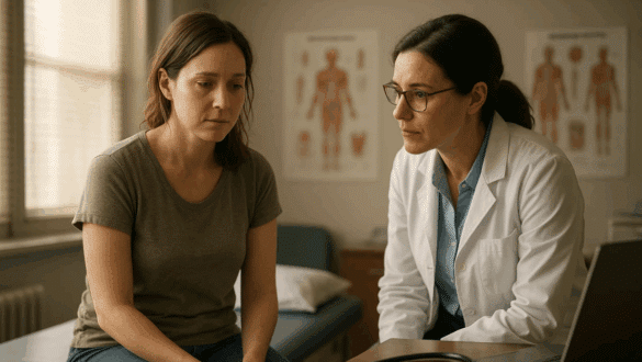 Femme en consultation médicale, montrant l’écart entre les chiffres et la réalité du terrain en santé des femmes.