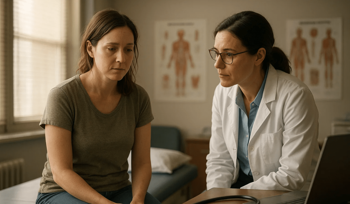 Femme en consultation médicale, montrant l’écart entre les chiffres et la réalité du terrain en santé des femmes.